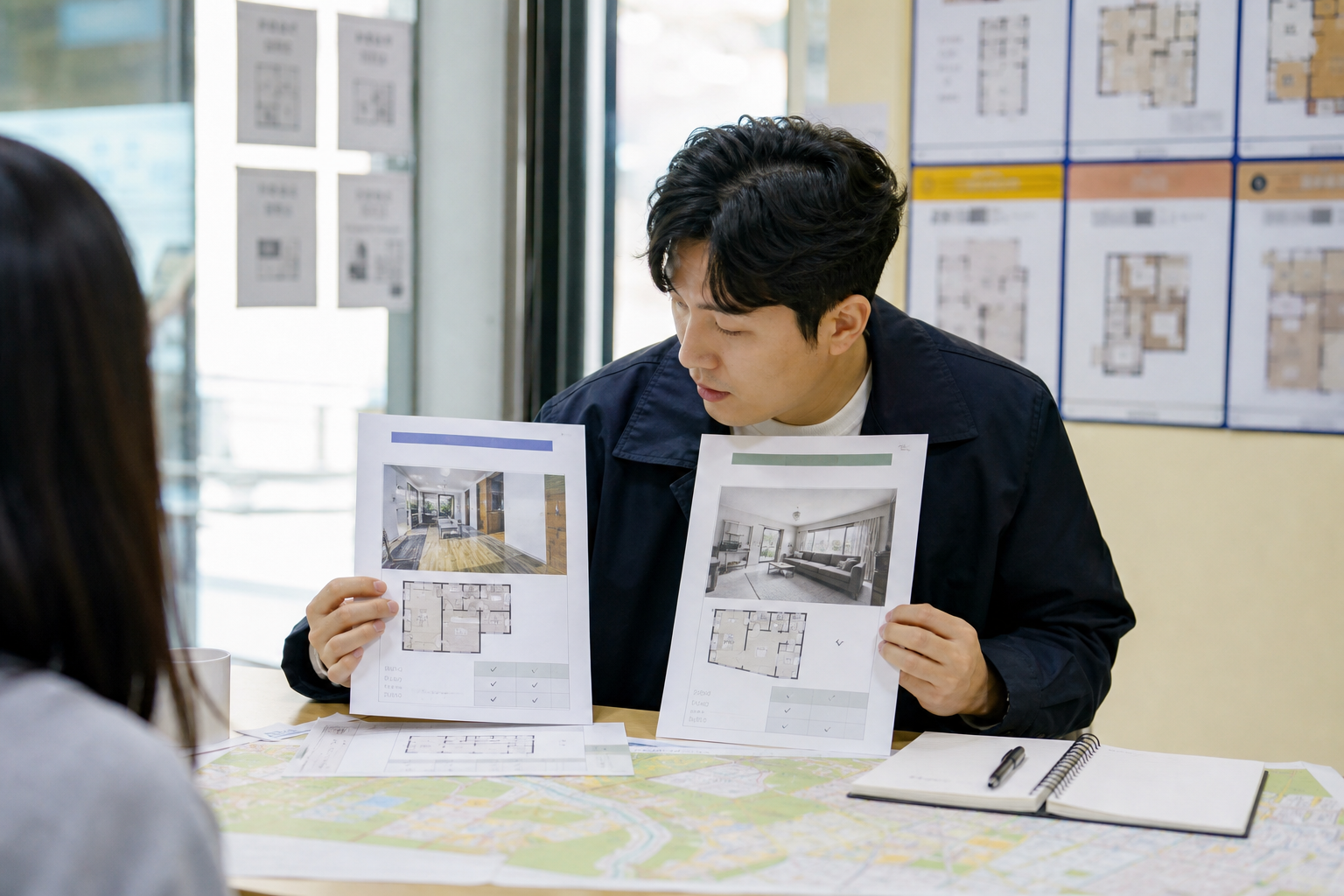회사와 가까운 작은 집과 더 멀지만 넓은 집을 비교하며 주거 선택을 하는 모습