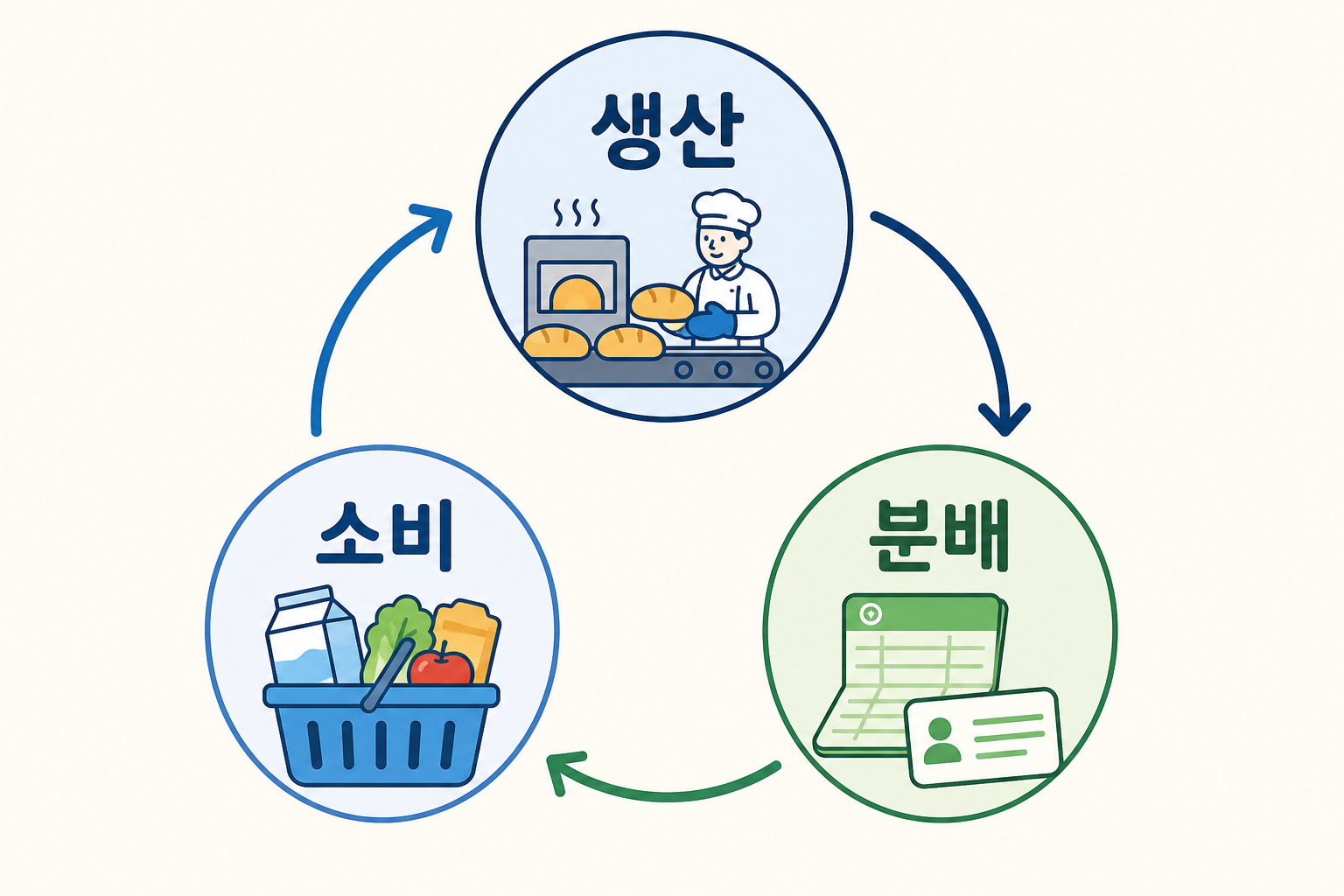 chart 생산에서 소득의 분배가 이루어지고 소비를 거쳐 다시 생산으로 이어지는 경제활동의 순환