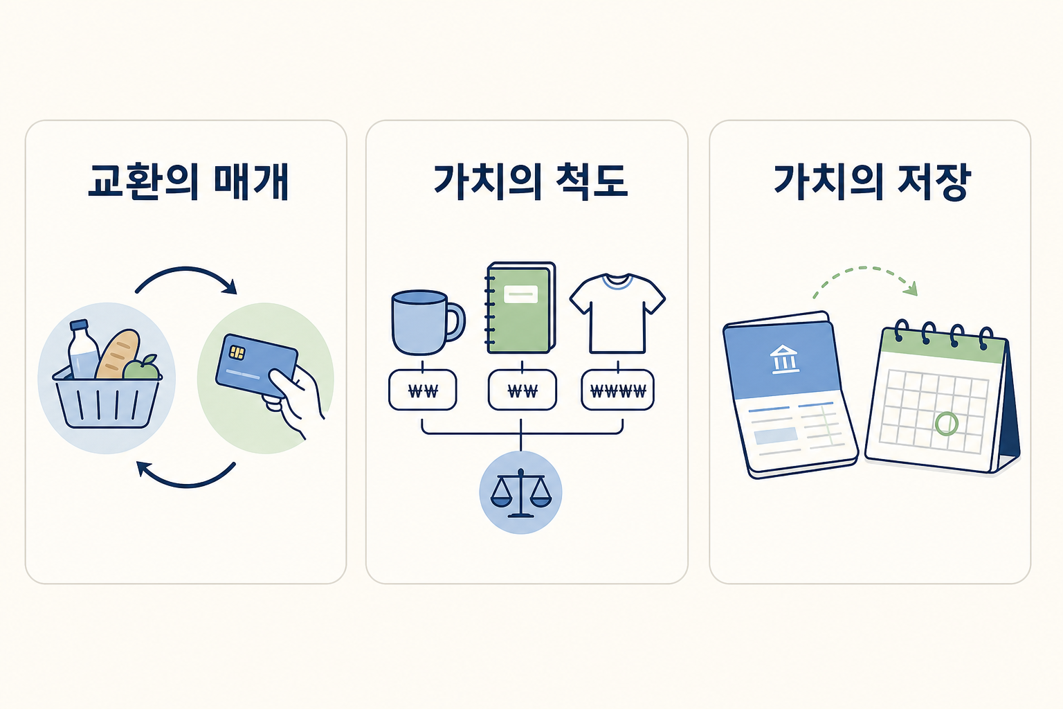 돈의 세 가지 기능인 교환의 매개, 가치의 척도, 가치의 저장을 보여주는 그림