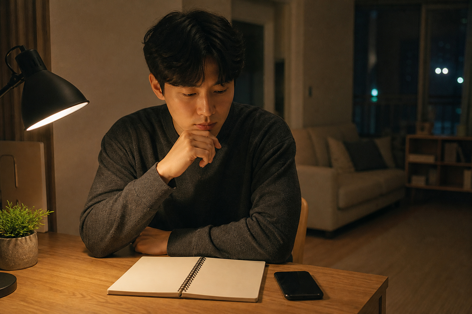 퇴근 후 집에서 한 달 동안 들어온 돈과 생활비 계획을 살펴보는 한국인 직장인