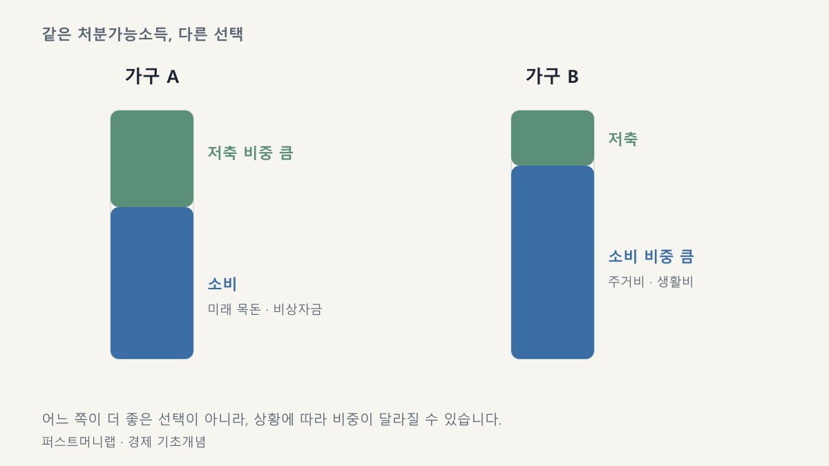같은 처분가능소득을 가진 두 가구가 서로 다른 소비와 저축 비중을 선택하는 모습